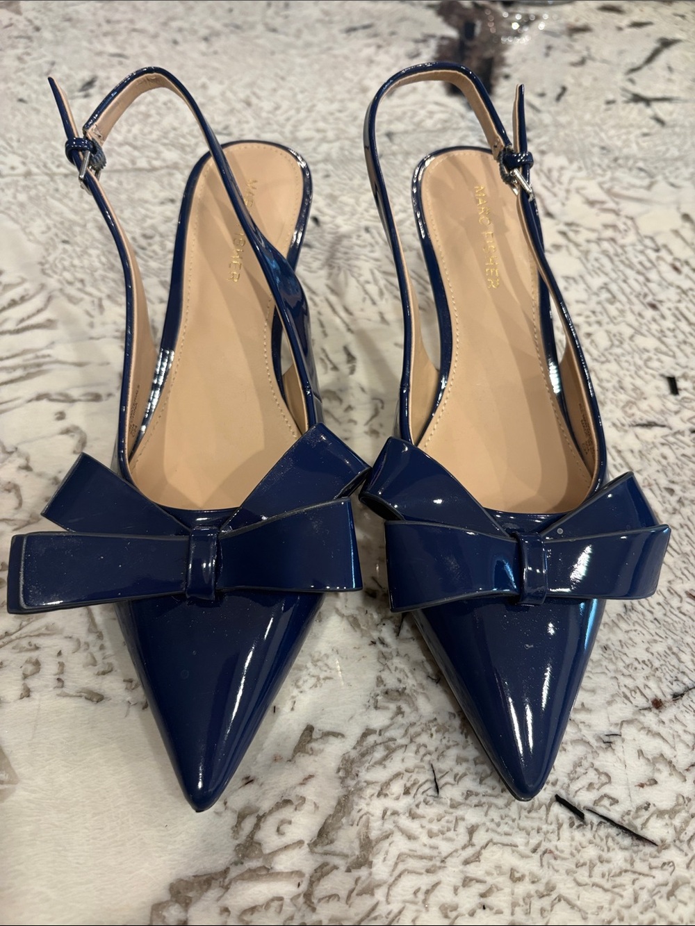 Marc Fisher Patent Pointed-Toe Slingback Flats with Bow - Navy